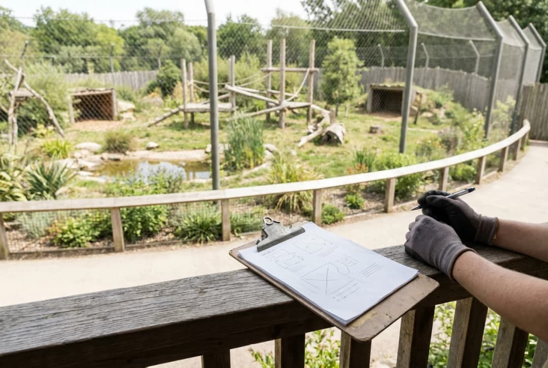 Illustration of a field audit: recording observations beside an animal habitat
