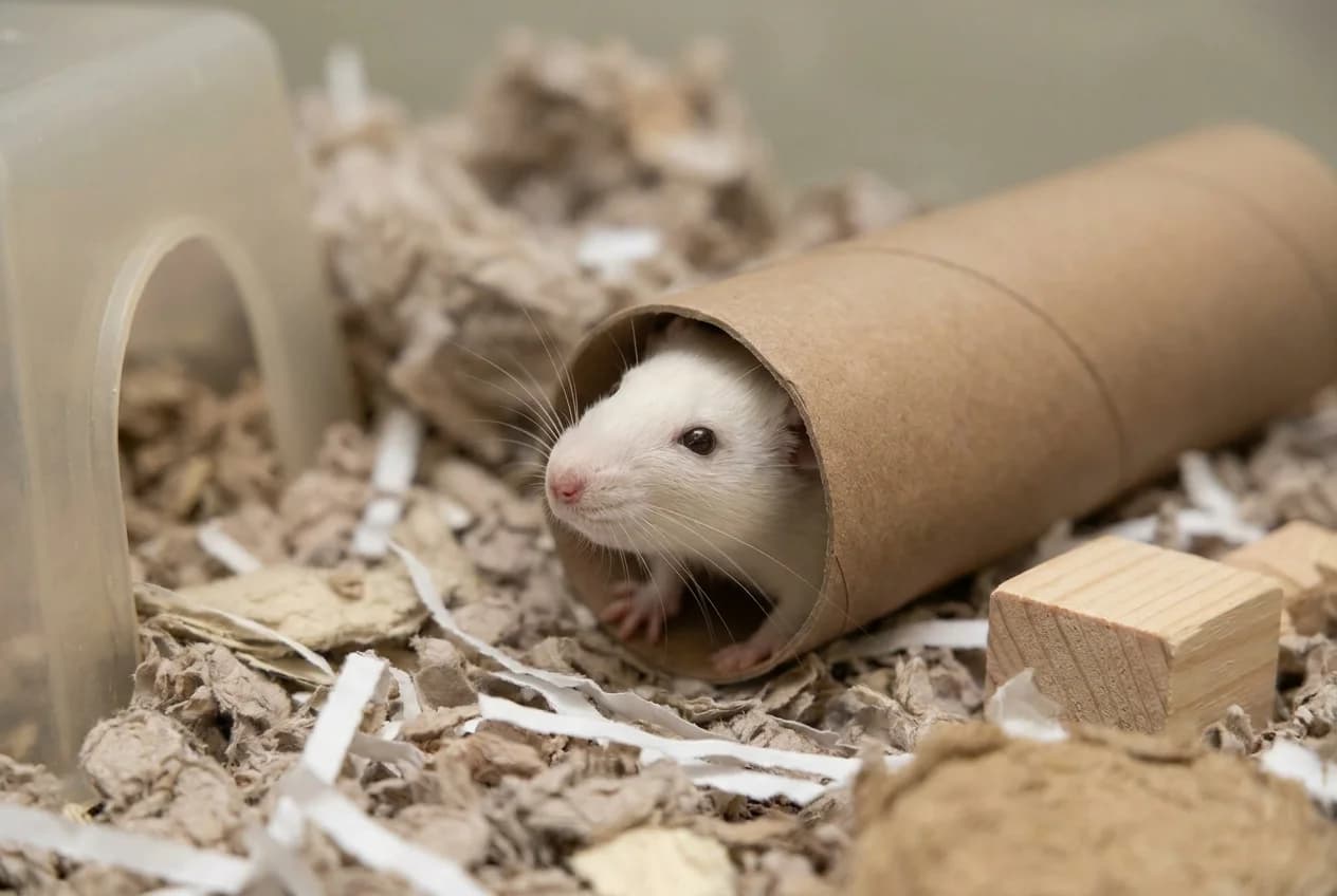 Illustration of a rat exploring a tunnel in enriched housing
