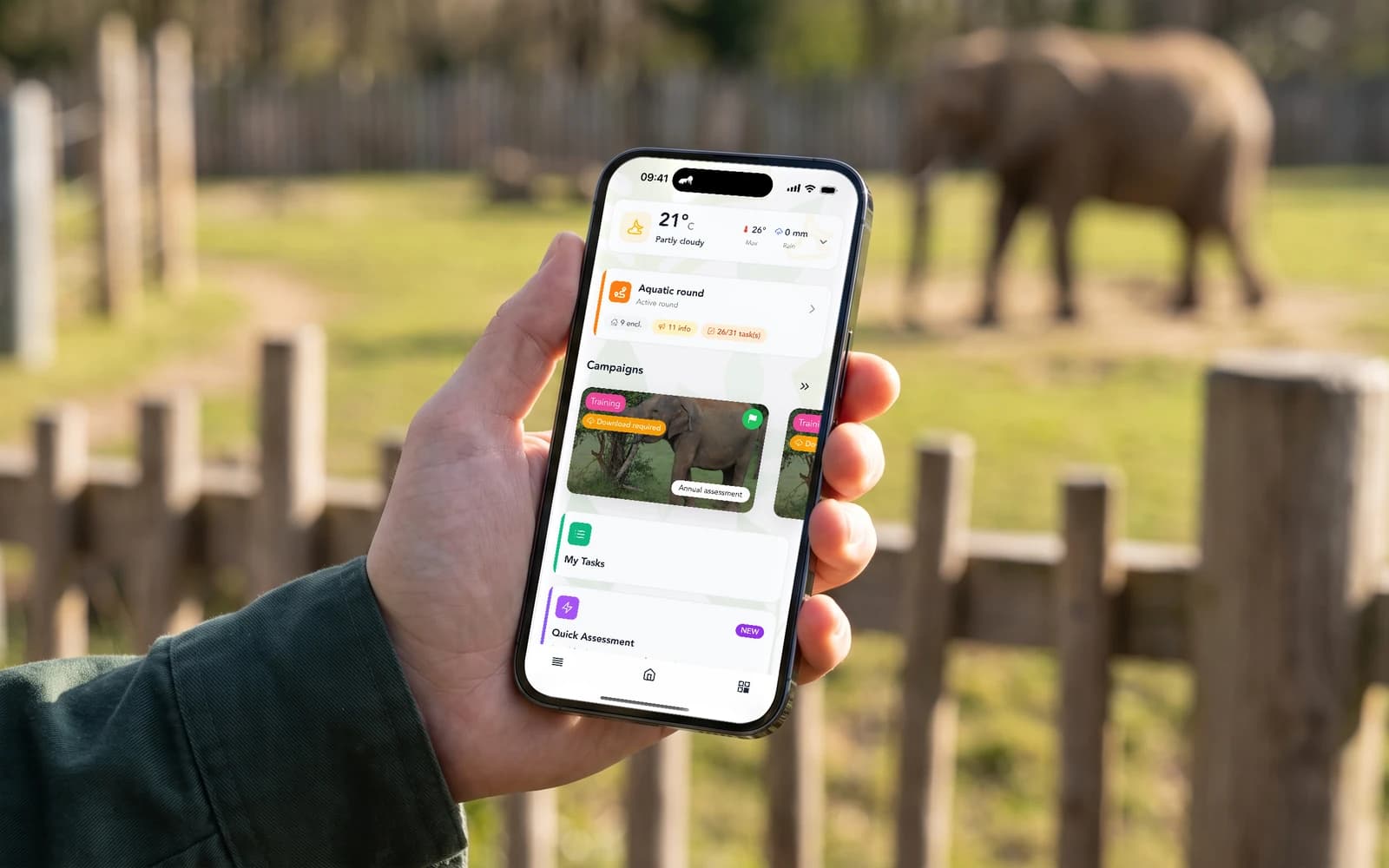 Phone held in front of an elephant enclosure, showing the Animal Welfare Monitor home screen: weather, current round, data collection campaigns, tasks and rapid assessment