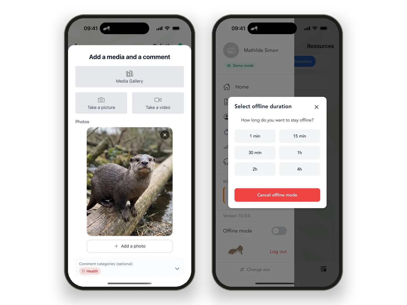 Deux écrans de l'application sur téléphone : ajout d'une photo de loutre avec un commentaire, et choix de la durée du mode hors ligne