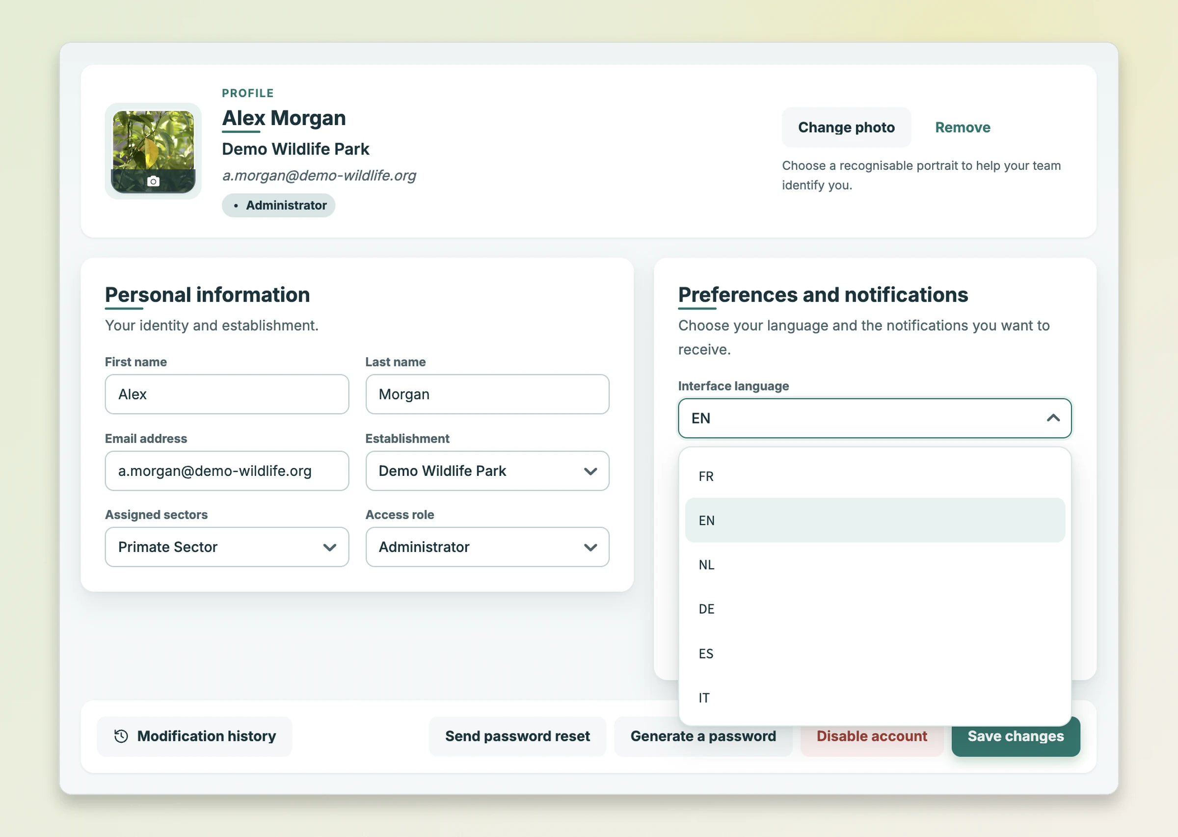 Language selector with 6 options
