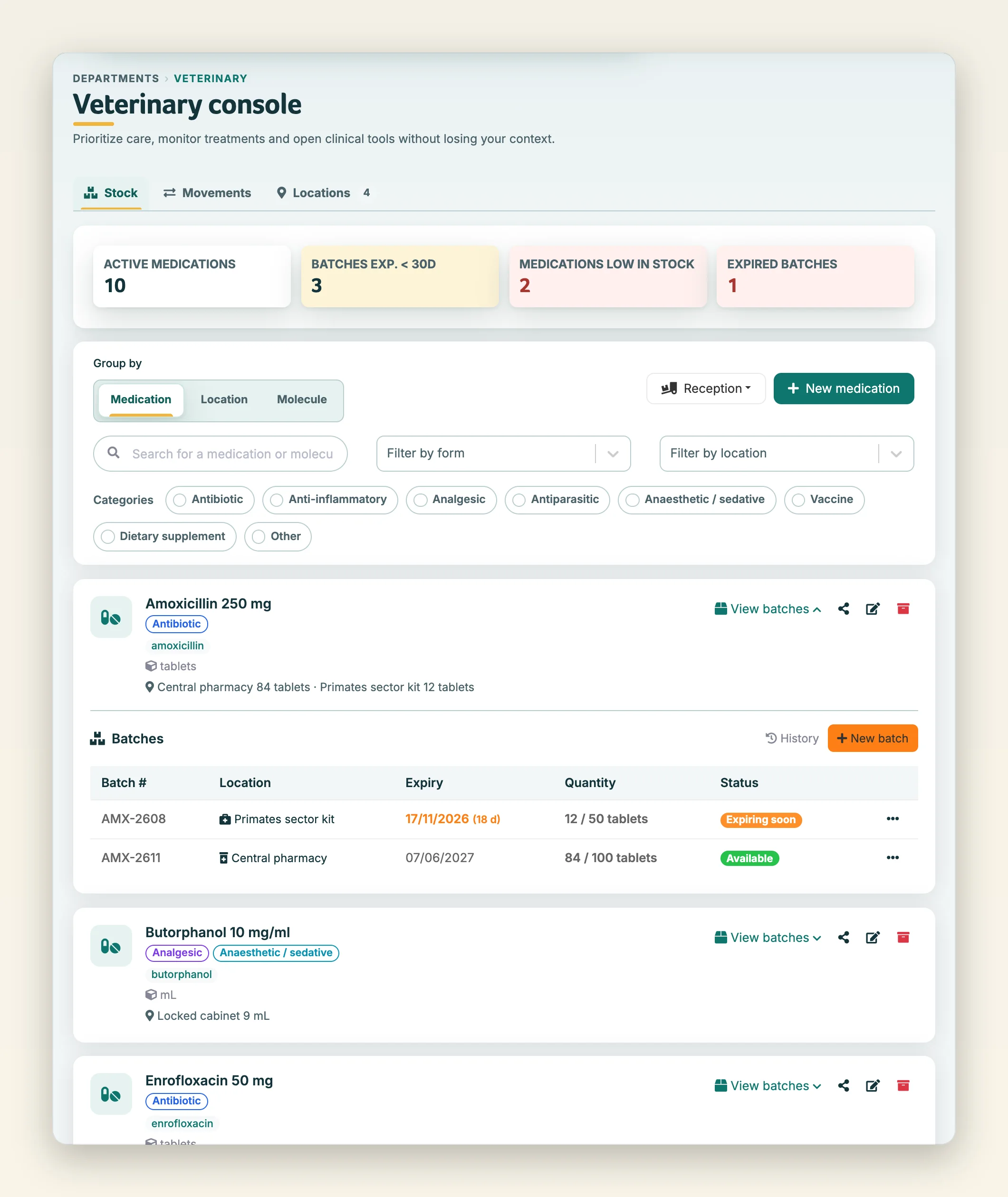 Batches of a medication: location, upcoming expiry flagged, remaining quantity and status
