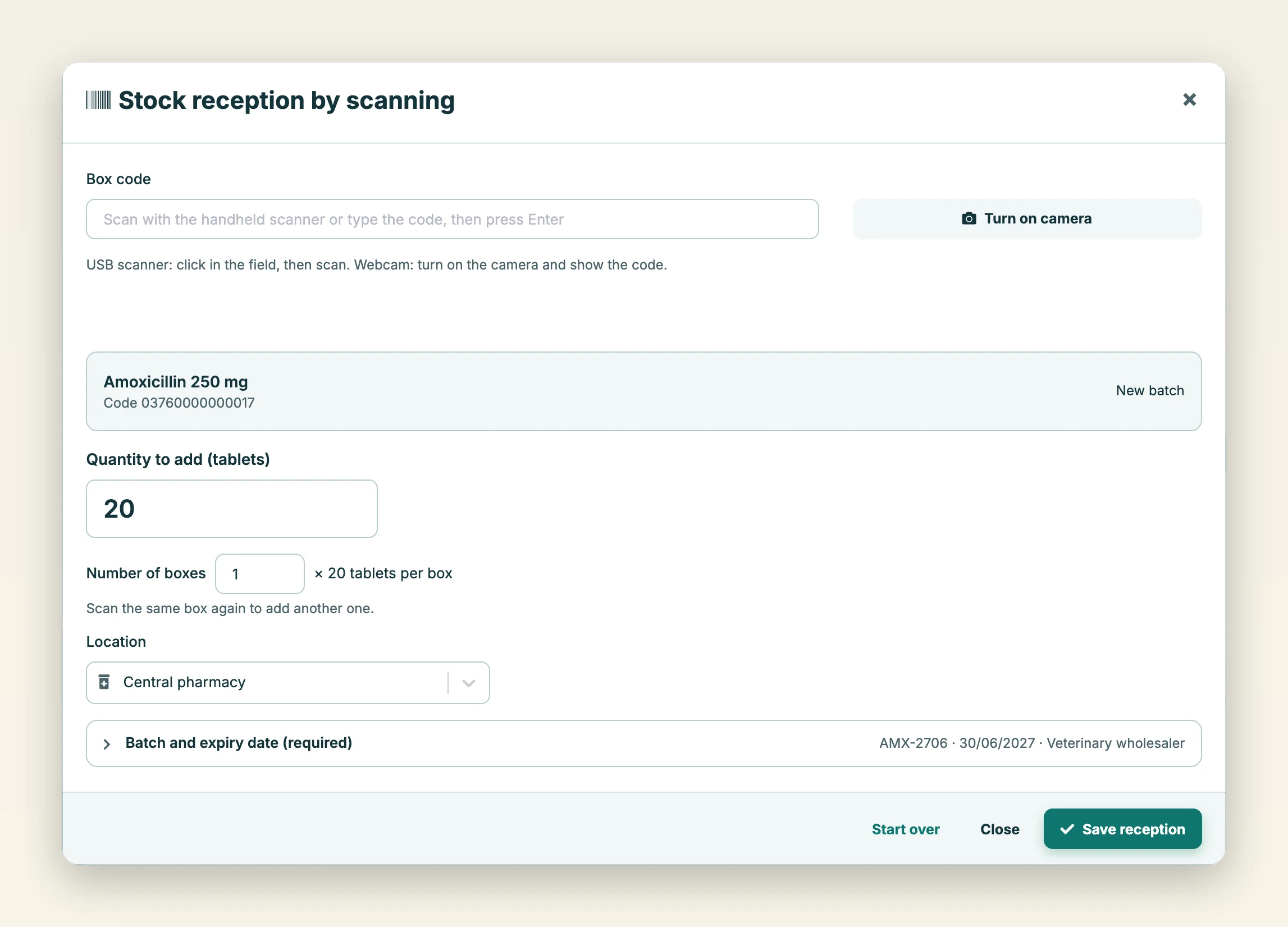 Receiving by scan: box recognised, quantity worked out from the number of boxes, location, batch and expiry read from the code