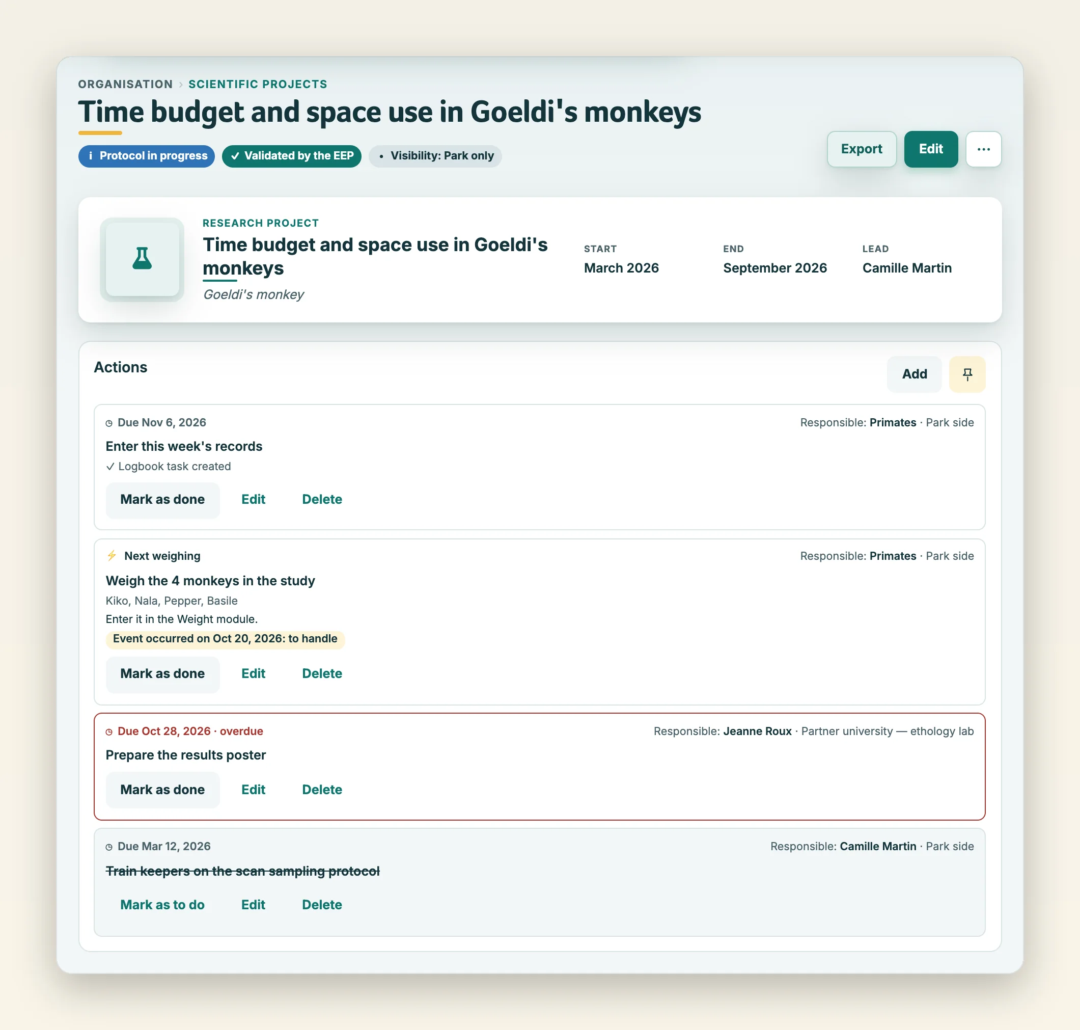 Project actions: logbook task created, weighing occurred and flagged to handle, overdue deadline