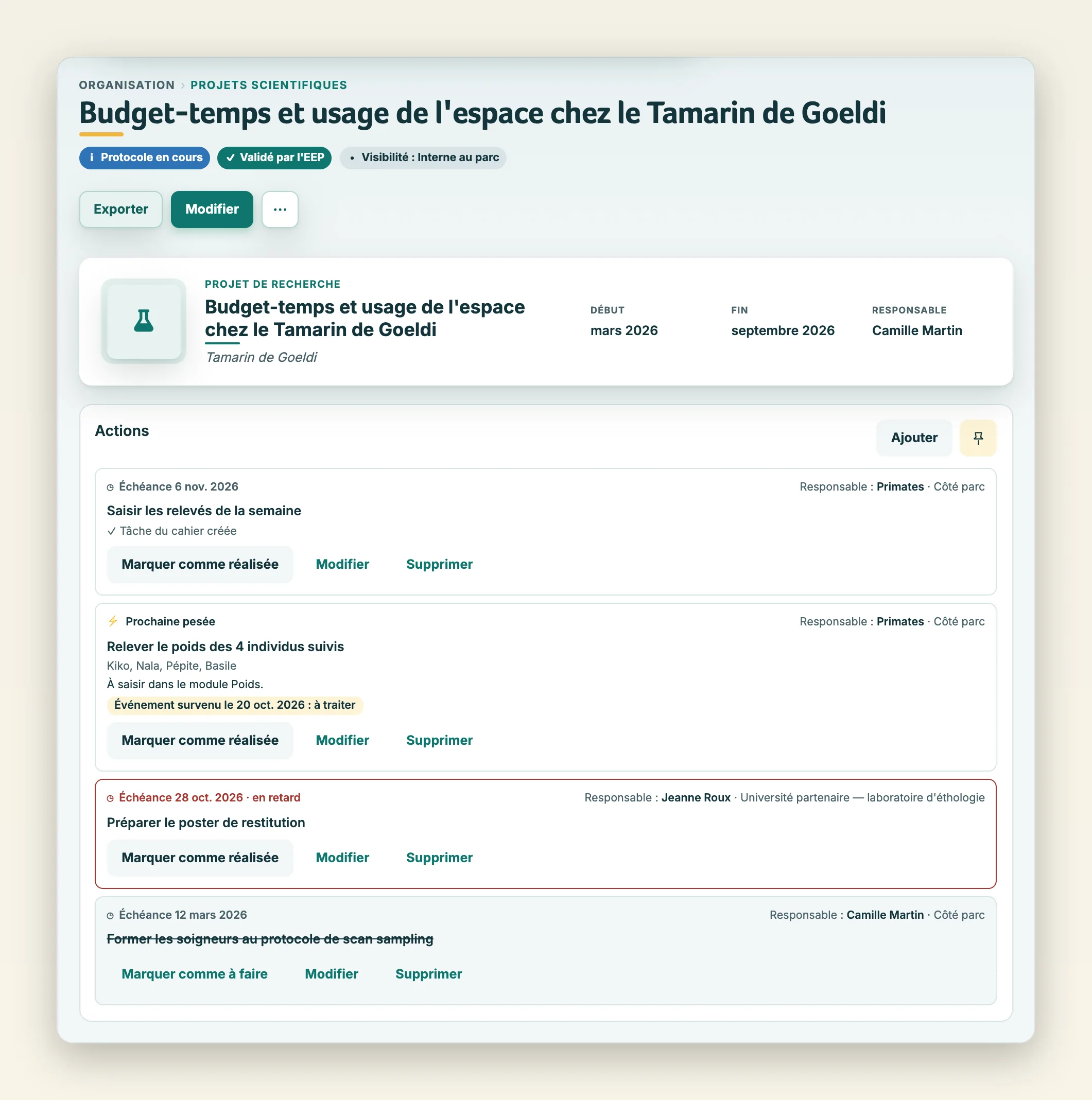 Actions d'un projet : tâche du cahier créée, pesée survenue à traiter, échéance dépassée