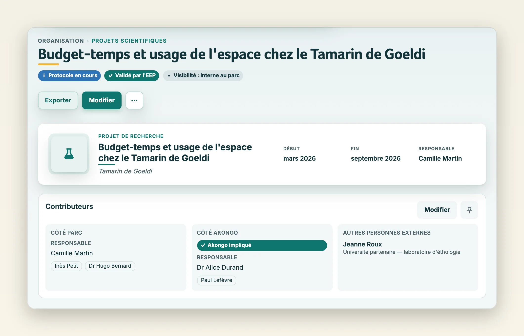 Contributeurs d'un projet : côté parc, côté Akongo et personnes externes