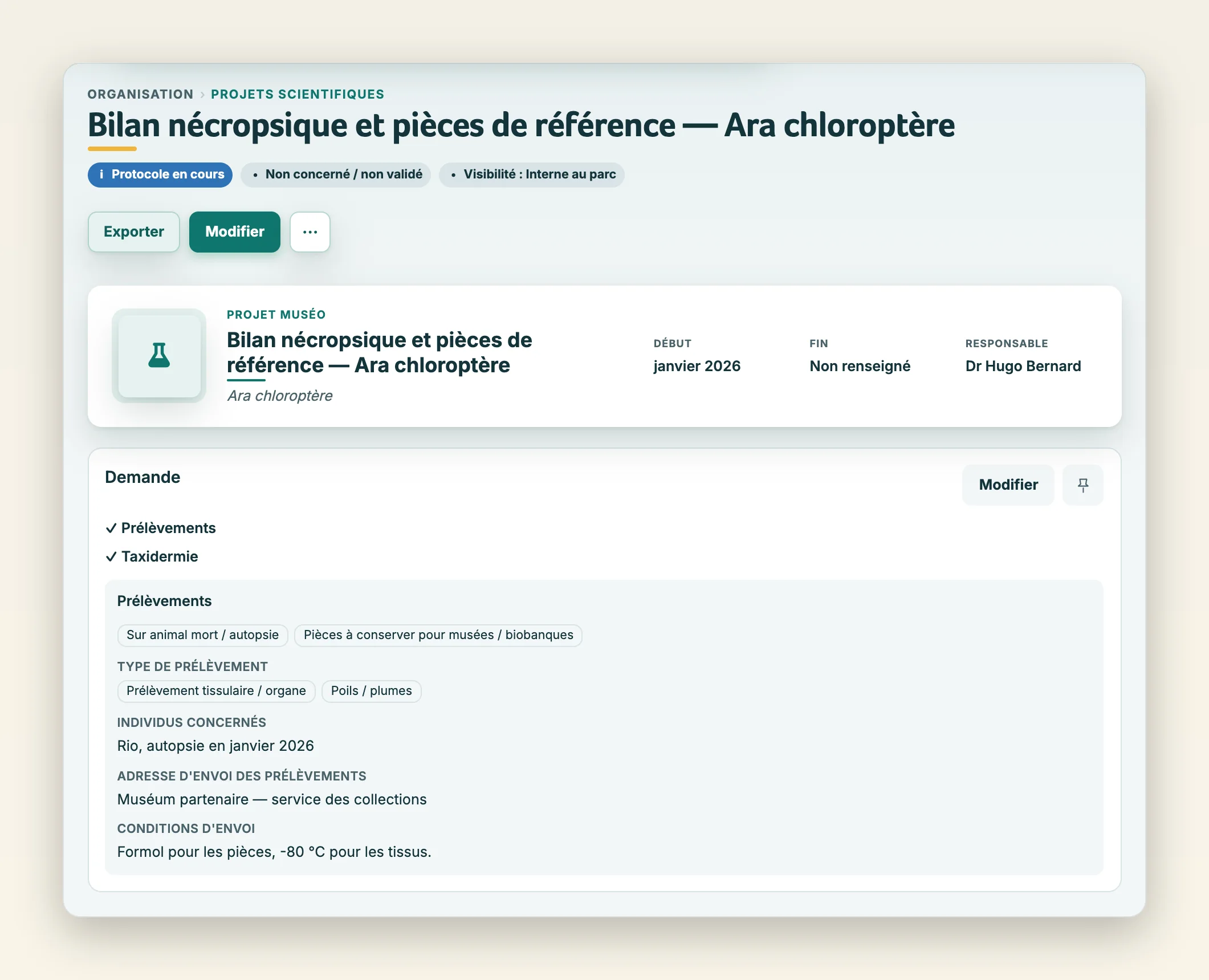 Demande d'un projet muséo : prélèvements sur animal mort ou à l'autopsie, pièces à conserver pour les muséums ou les biobanques, adresse et conditions d'envoi