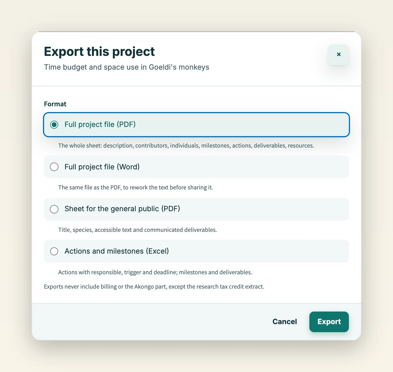 Project export window: full project file as PDF or Word, public sheet, actions and milestones in Excel