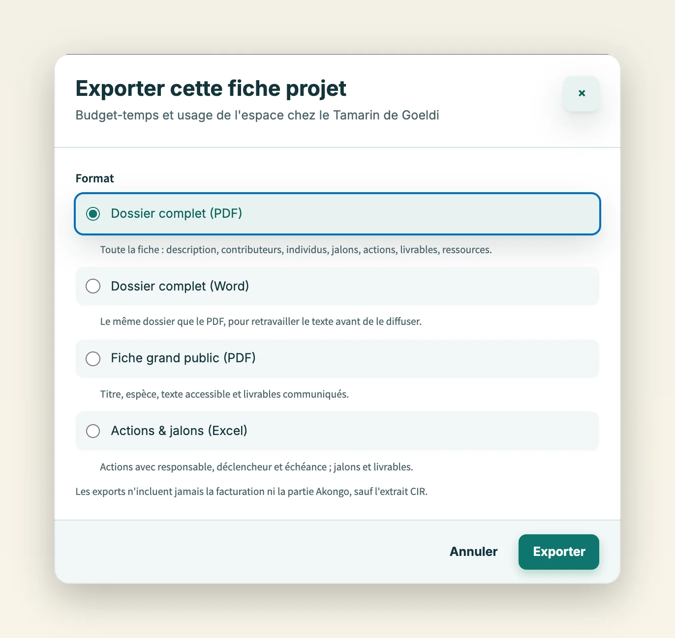 Fenêtre d'export d'un projet : dossier complet en PDF ou en Word, fiche grand public, actions et jalons en Excel