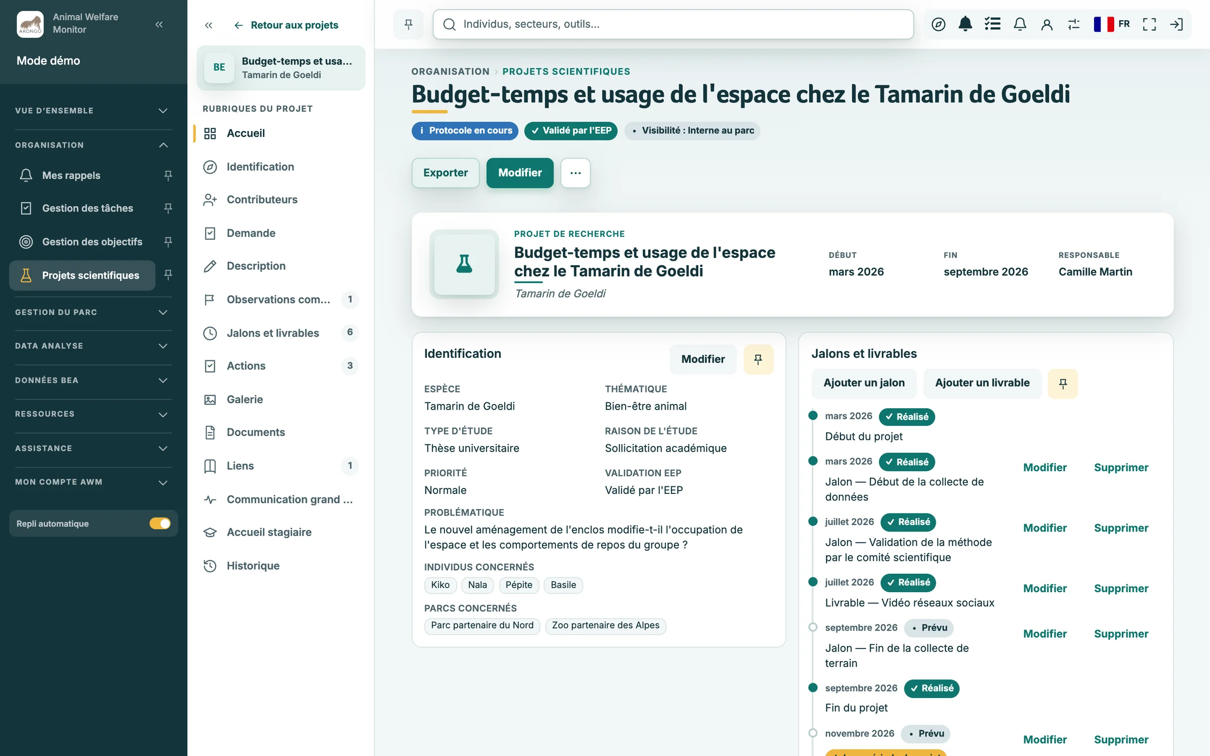 Fiche d'un projet : rubriques, identification, parcs concernés, jalons et livrables