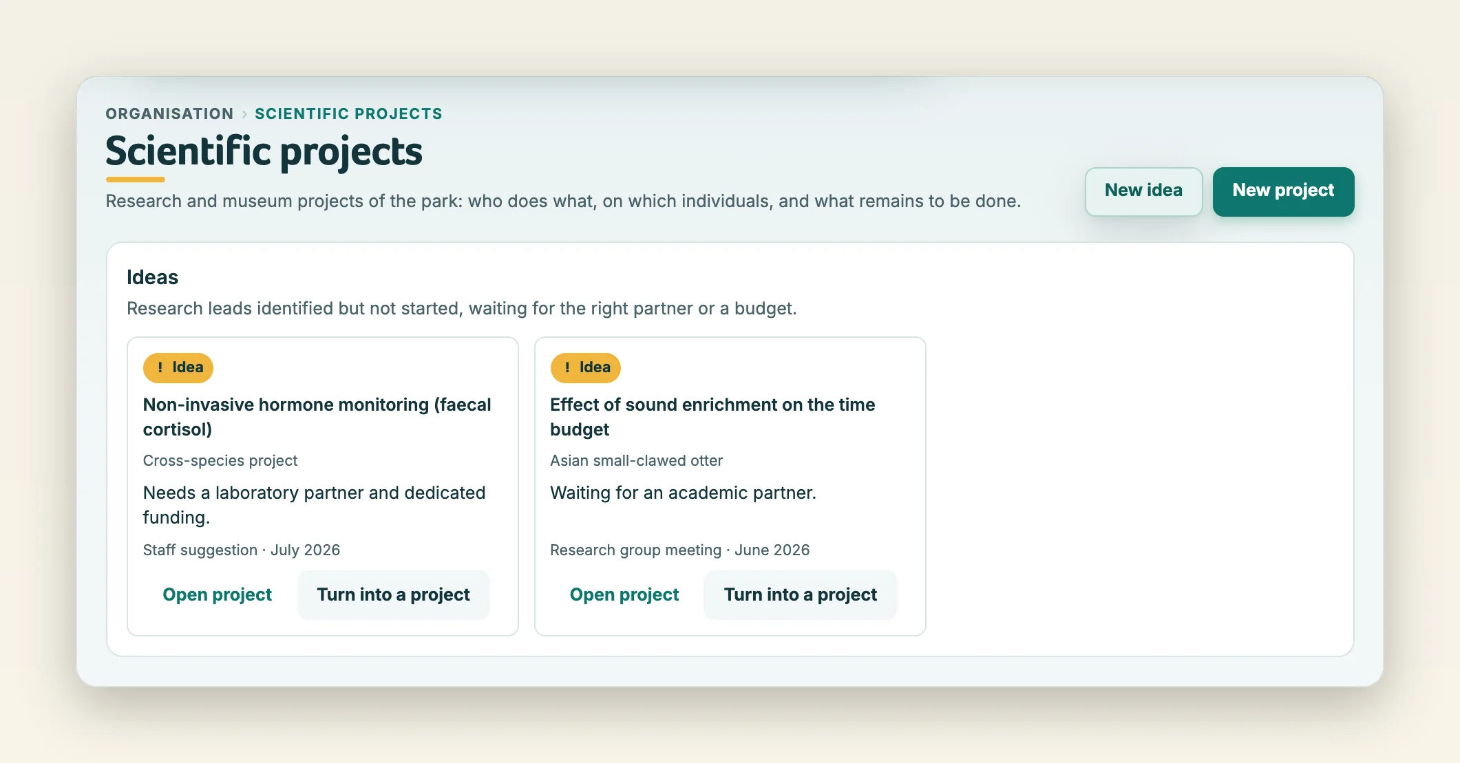 List of research ideas waiting for a partner, with the “Turn into a project” button