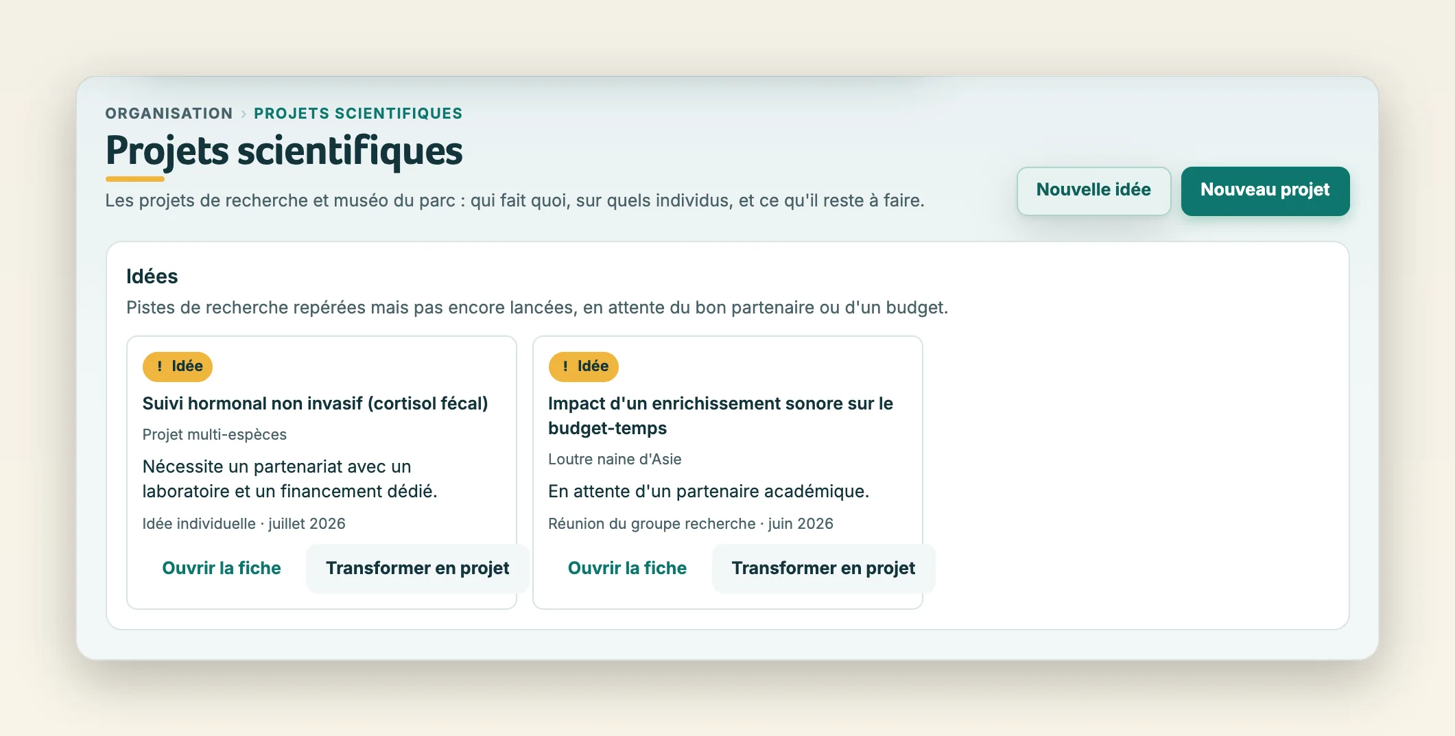 Liste des idées de recherche en attente d'un partenaire, avec le bouton « Transformer en projet »