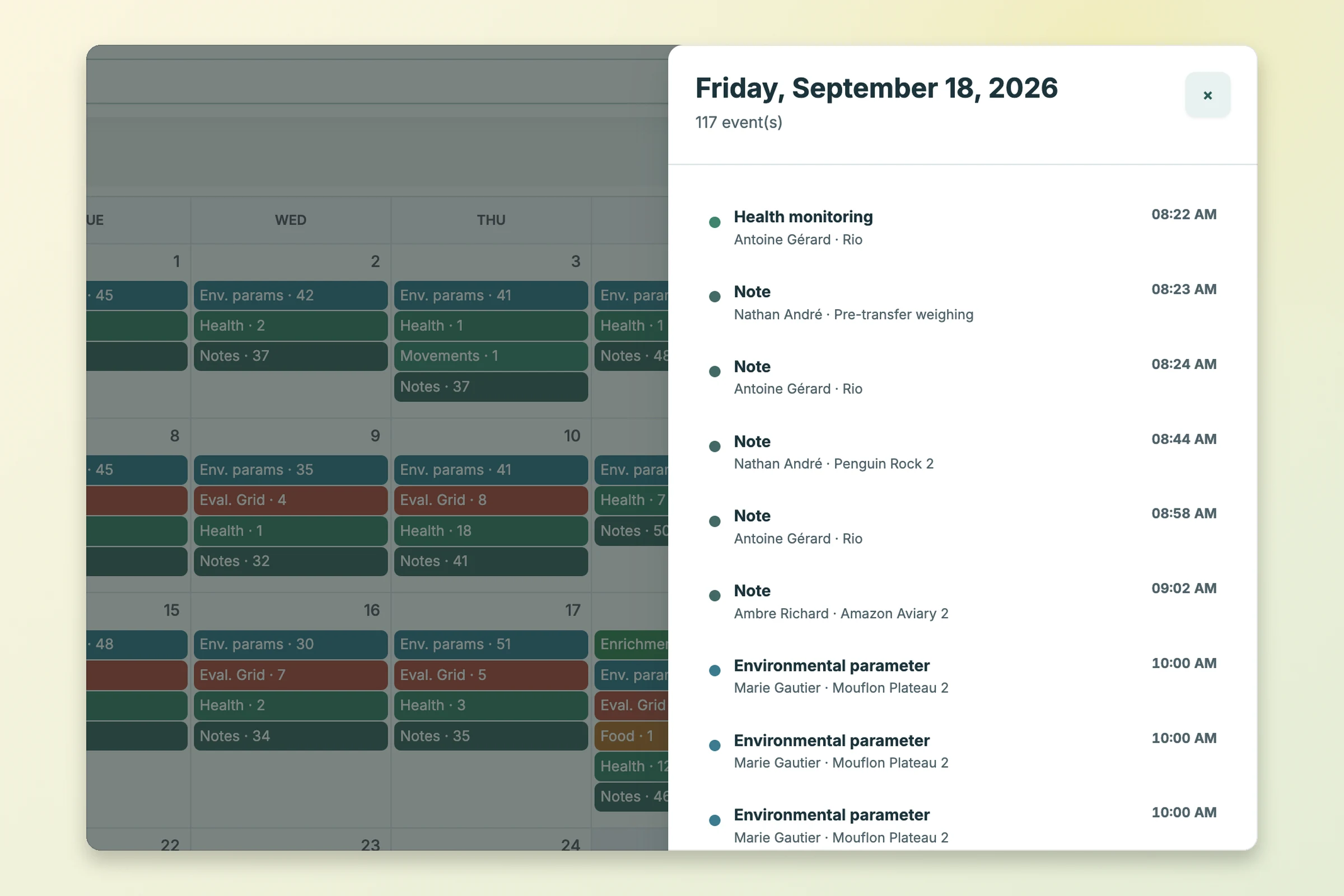 Vue liste et calendrier de la Timeline