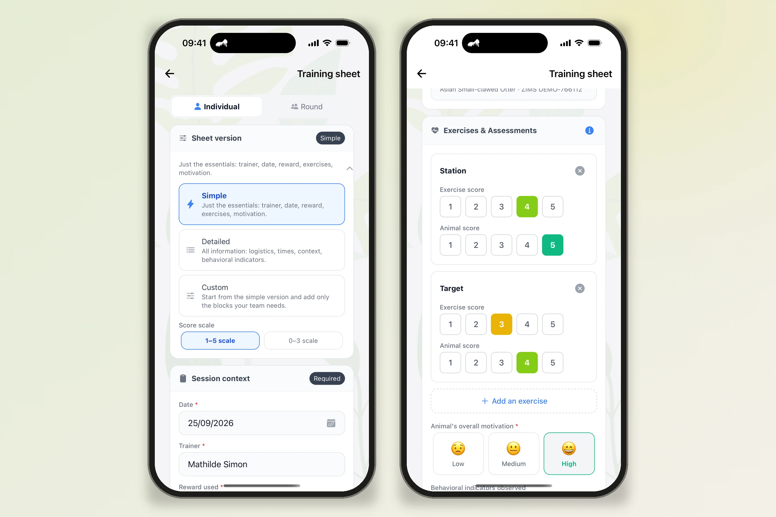 Fiche de saisie mobile d'une séance de training
