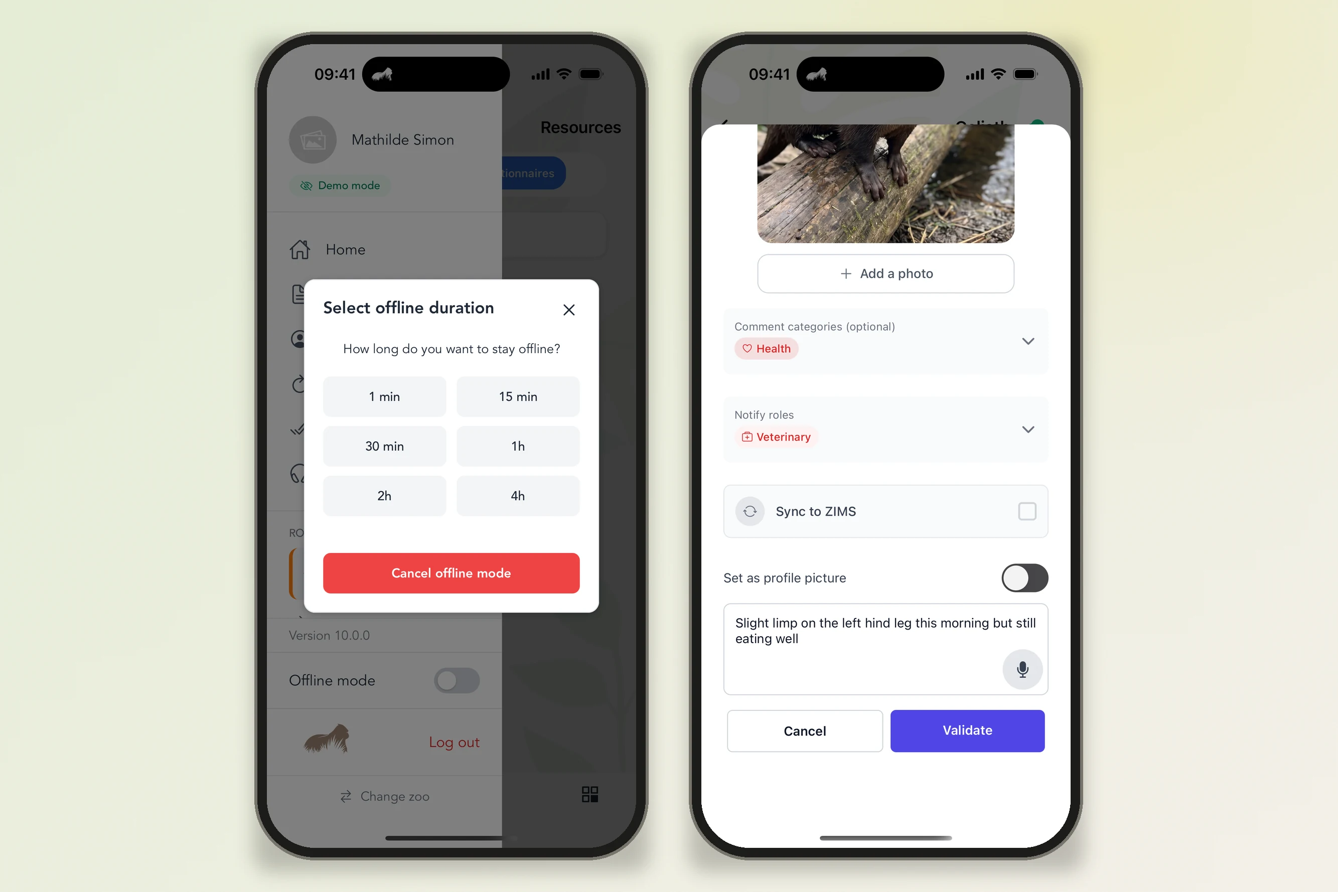Choix de la durée du mode hors ligne et note illustrée avec les rôles à prévenir, dans l'application
