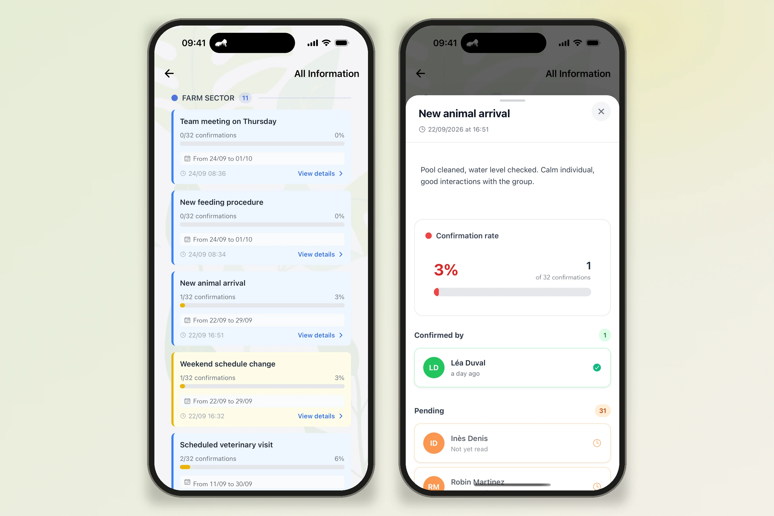 Sector information in the app: display period, read confirmation rate and confirmation details