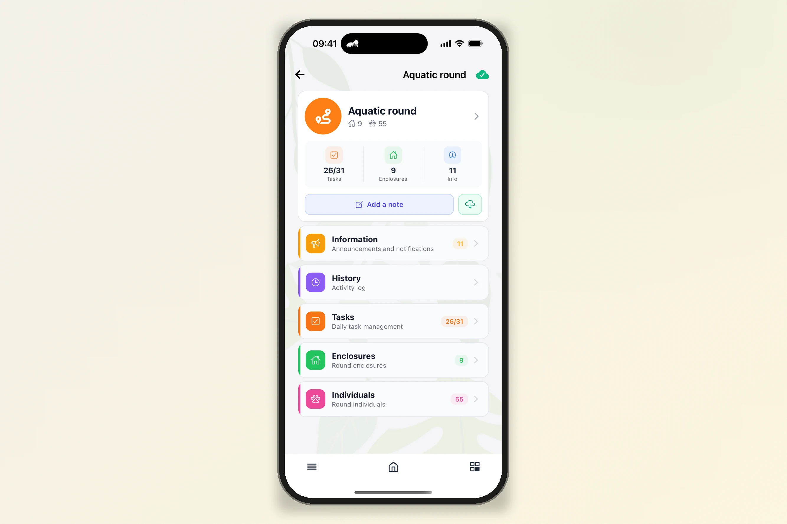 A round's record in the app: tasks, enclosures, information and individuals of the round, downloadable for offline use
