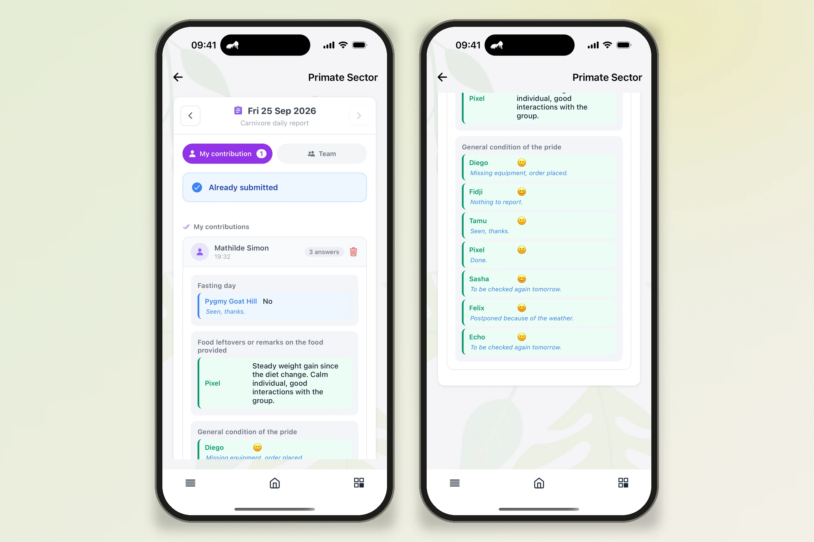 Structured daily report in the app: questionnaire blocks, answer by enclosure and status of each animal in the sector