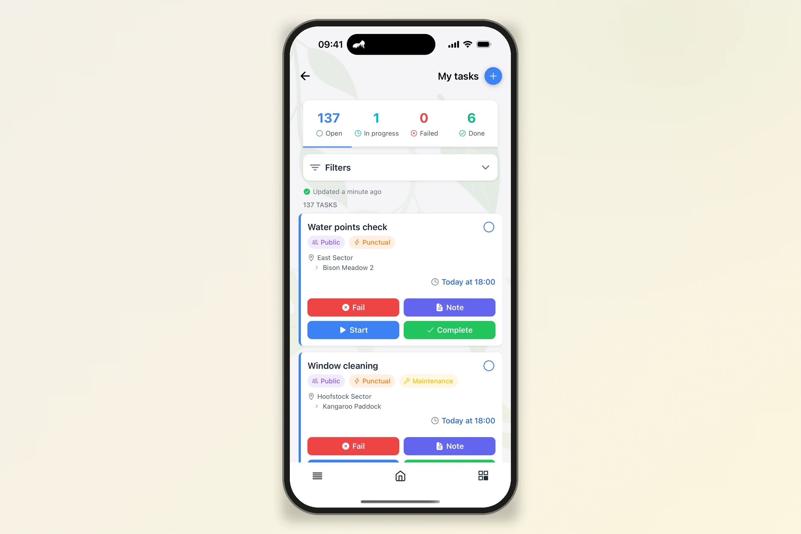 My tasks in the app: today's tasks with sector, enclosure, due time and actions